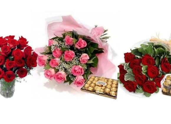 A bouquet of red roses inside a vase next to it are bouquet of pink roses and box of Ferrero Rocher followed by a bouquet of red roses and another box of Ferrero Rocher