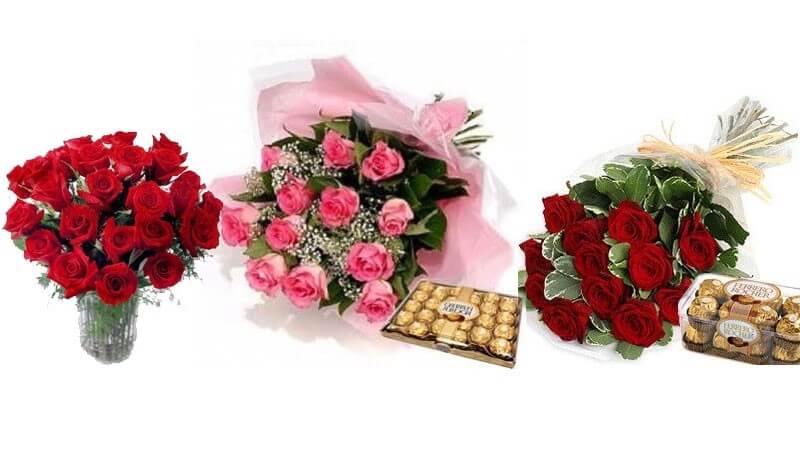 A bouquet of red roses inside a vase next to it are bouquet of pink roses and box of Ferrero Rocher followed by a bouquet of red roses and another box of Ferrero Rocher