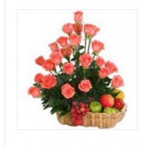 18 roses with assorted fruits basket including grapes, bananas, apples red and green, orange, pineapple and mangoes, with pomelo or orange roses all arranged in a wicker basket.