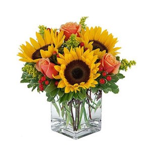 3 Sunflower and 6 Orange Roses in a Vase