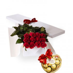 12 Red Roses in a Box with Ferrero Chocolates