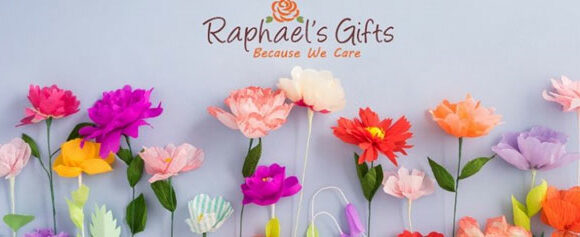 A bunch colorful flowers with Raphael's Gifts logo on top
