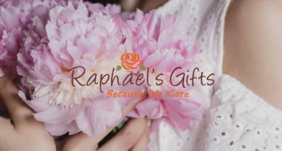 A woman embracing a bunch of pink flowers and Raphael's Gift logo in the middle