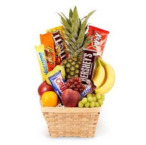 A basket of fruits and chocolates