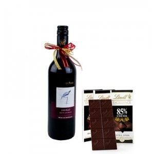 A bottle of wine and chocolate bars