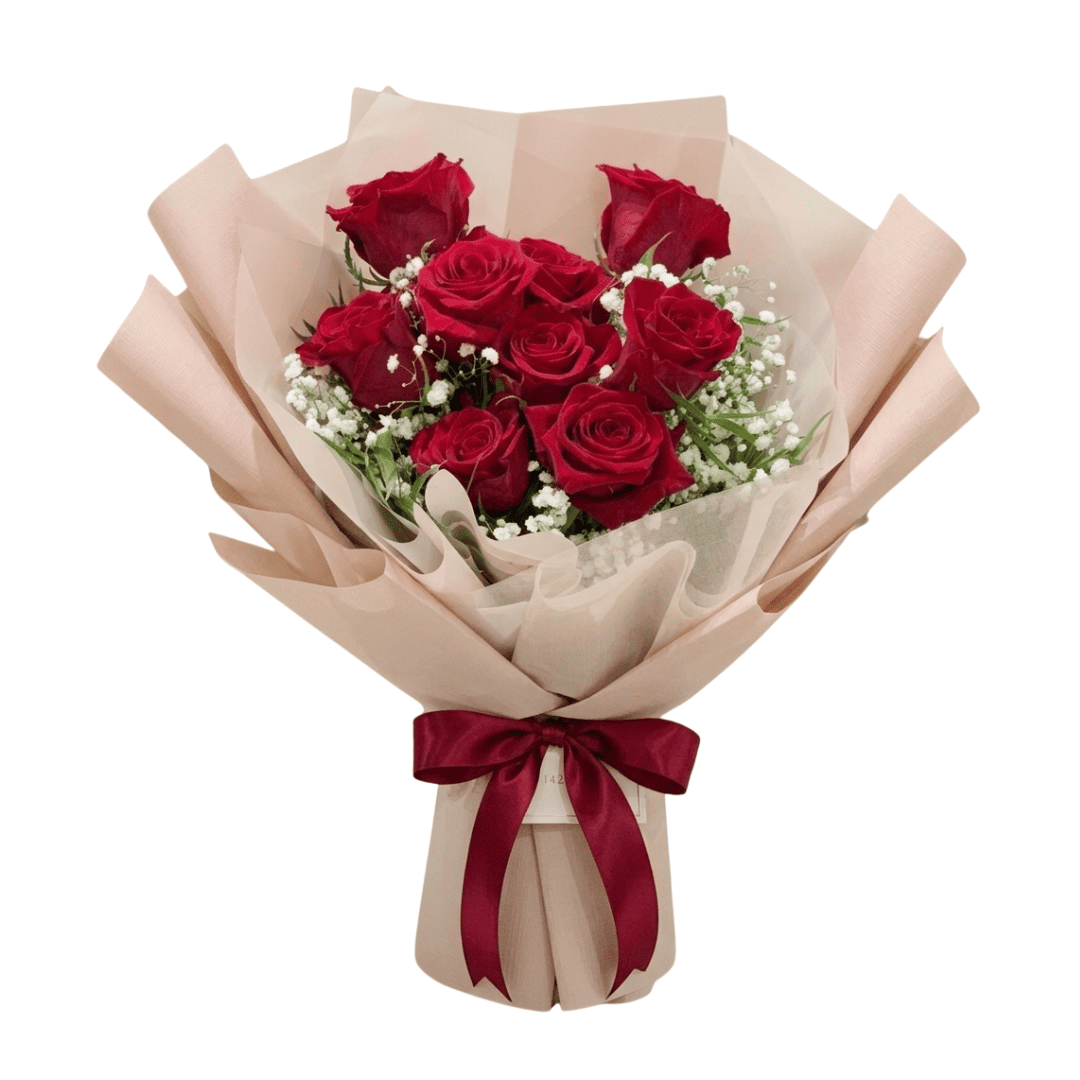 10 Imported China Red Roses with Gypsophila Bqt